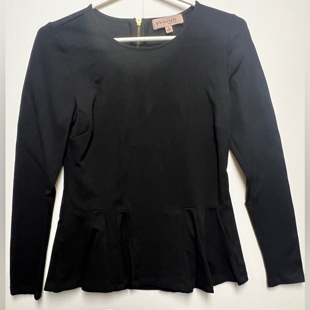 PHILOSOPHY BLACK LONG SLEEVE PEPLUM TOP HALF BACK ZIPPER WITH RIBBON PULL SMALL